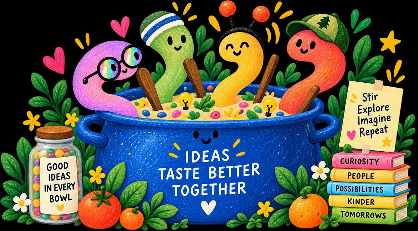 Noodlelings stirring a big blue pot of ideas, with books and a jar of good ideas