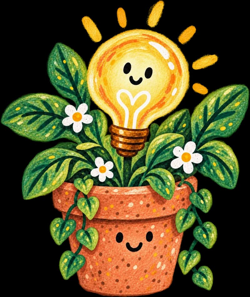 A smiling light bulb growing out of a flower pot