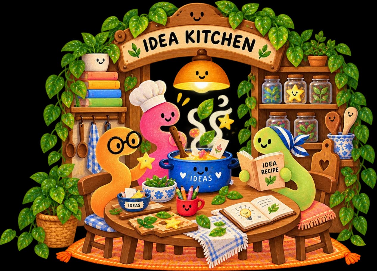 Noodlelings cooking up ideas together in a cosy idea kitchen