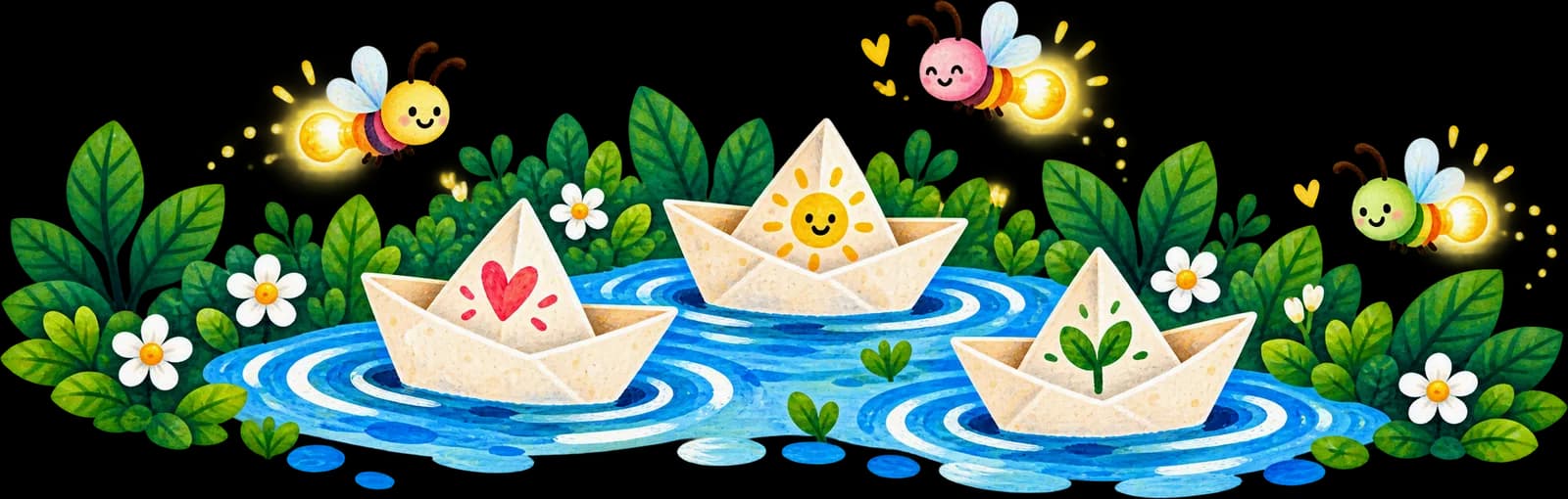 Paper boats with a heart, a sun and a sprout floating on a pond, with glowing bees above